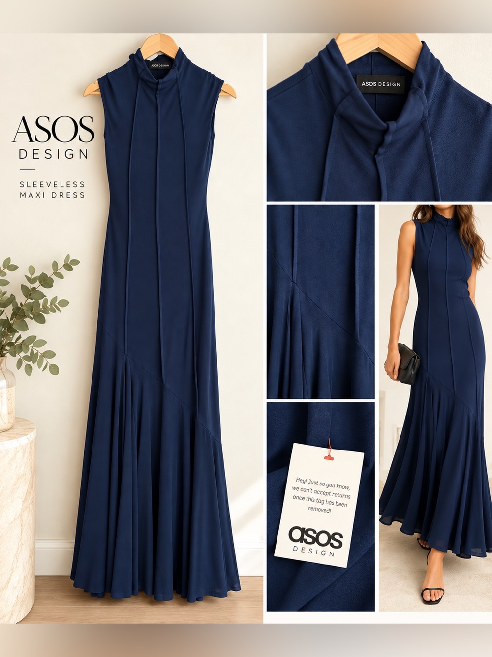 ASOS Navy High-Neck Sleeveless Maxi Dress